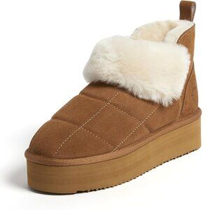 Dearfoams Bayswater Comfy Chestnut Suede Shearling Platform Booties Boots 7 NEW!